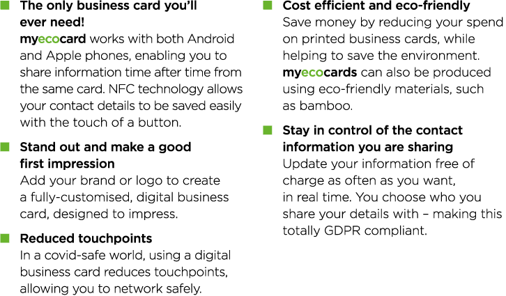   The only business card you ll ever need  myecocard works with both Android and Apple phones, enabling you to share    